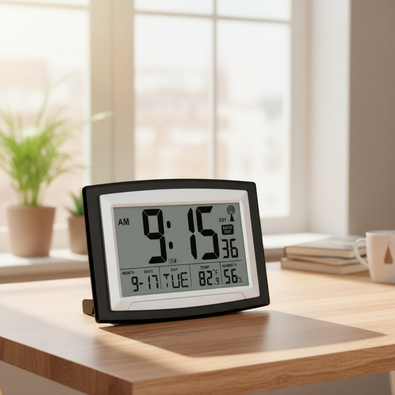 Horloge atomique murale / de bureau à piles, température et humidité du grand écran, réglage automatique adapté aux personnes âgées