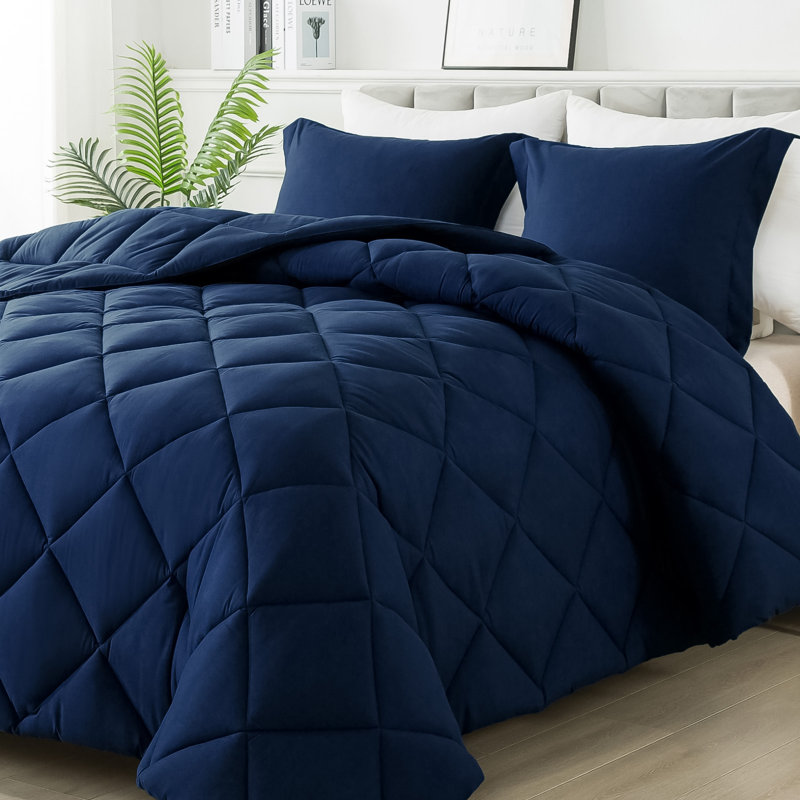 Diamond lattice three-piece Comforter Set, Queen Comforter + 2 Standard Shams, Navy