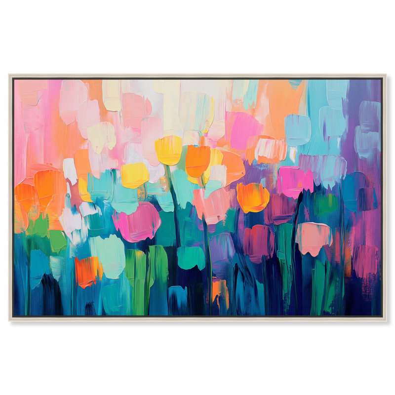 Art, art floral, fleurs abstraites, II, H 25 po x l 37 po, Encadrement argenté