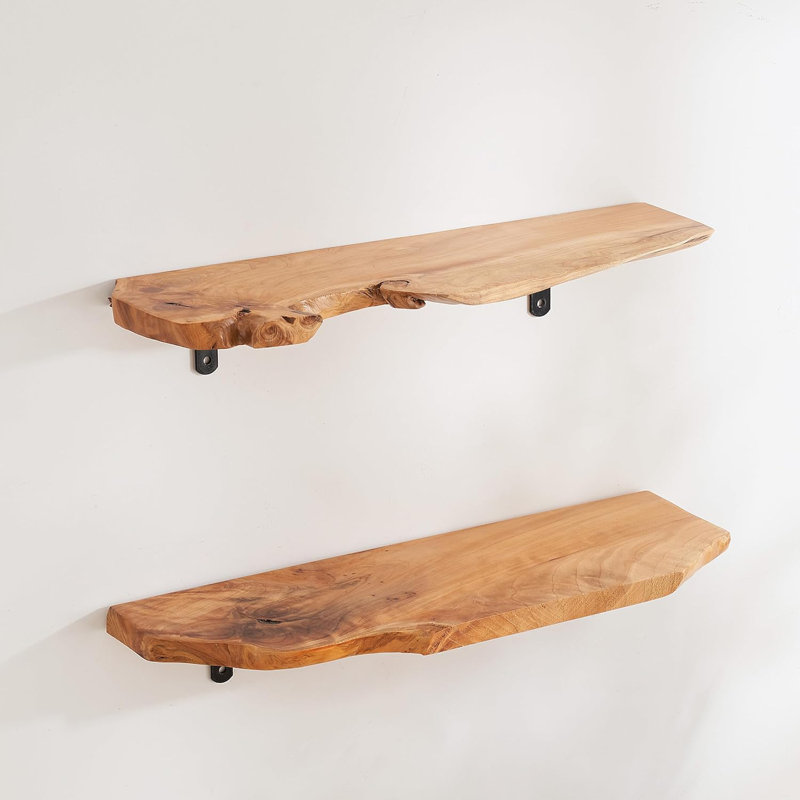 Handcrafted Live Edge Floating Shelves Set Of 2 - Natural Fir Wood Wall Mounted Shelves - Sturdy, Waterproof & Scratch-Resistant - Unique Wood Grain & Grooves For Rustic Home Decor