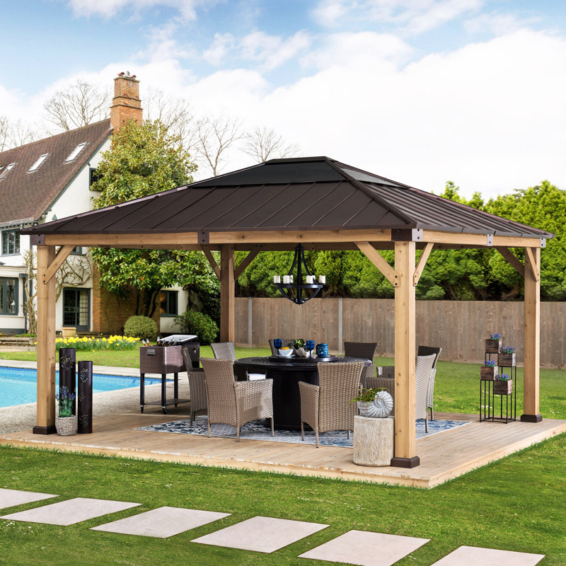 Cedar Framed Gazebo with Brown Steel Hardtop and Skylight