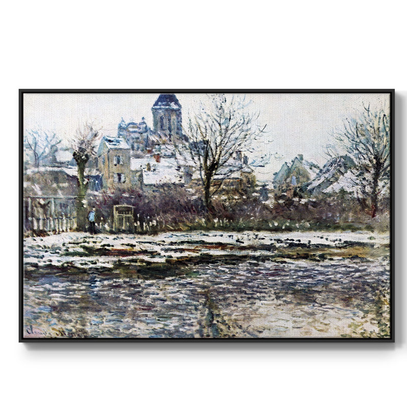 «Snow in Vetheuil», reproduction d'art encadrée sur toile par Claude Monet, Toile avec cadre flottant noir