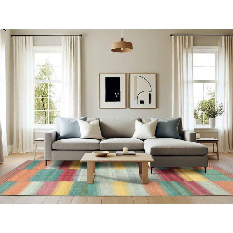 Tapis de zone rouge/vert/orange contemporaine, Rectangle 6 pi x 9 pi