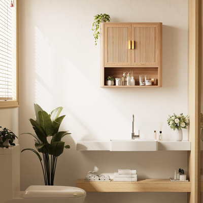 Armoire de rangement pour salle de bain, armoire à pharmacie avec tablette en bois réglable et portes, armoire de rangement au-dessus de la toilette pour la salle de lavage, la cuisine et le salon (chêne naturel)