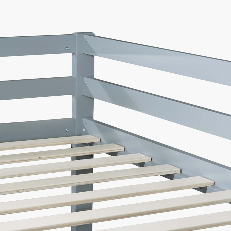 Grey Solid Rubber Wood Twin-Over-Twin Floor Bunk Bed With Ladder And Reinforced Slat Platforms For Upper And Lower Beds, Gray