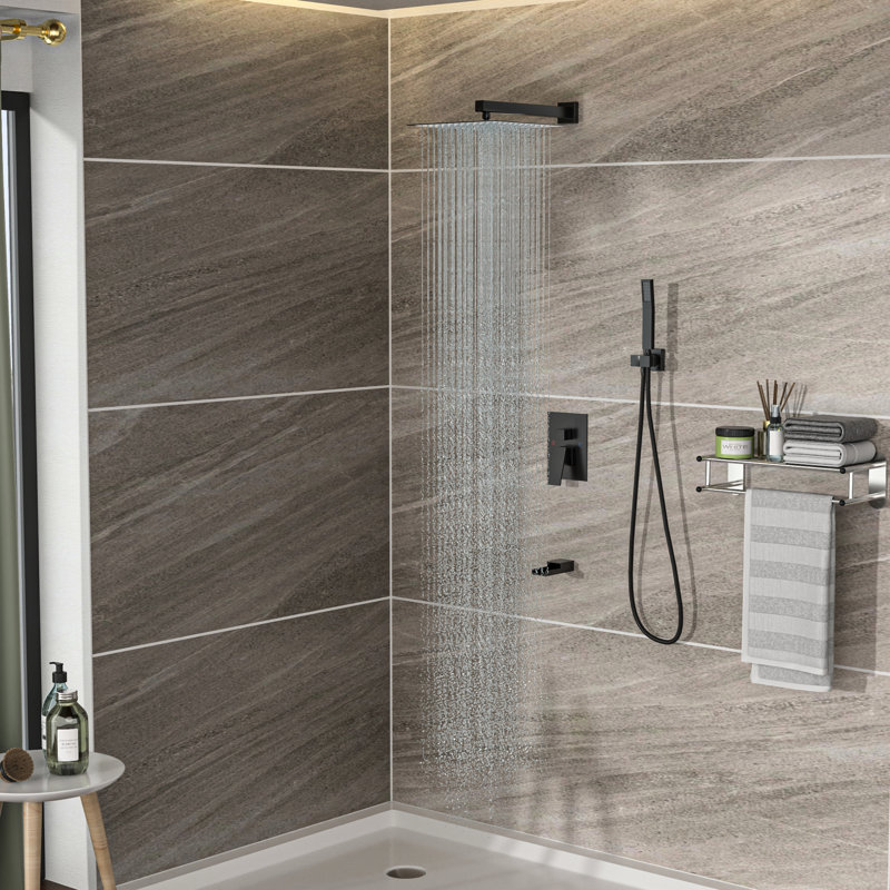 Douche noire matte avec option de bec de baignoire en cascade - pomme de pluie carrée de 12 po, douche à main, valve, installation facile et programmes de propreté pour les routines de collecte