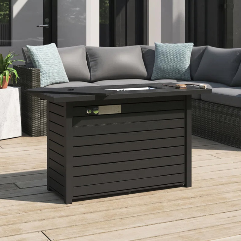 Table de foyer d'extérieur avec couvercle, H 25 po x l 42 po, acier noir, moderne, flamme réglable, structure en acier inoxydable H acier, noir, intégral