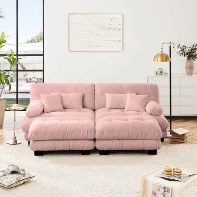 Chenille rose 2 places rembourrée avec coussins lombaires, coussins décoratifs et repose-pieds - Coussins de siège d'aspect nuage, excellente résilience pour le salon: canapé confortable et élégant