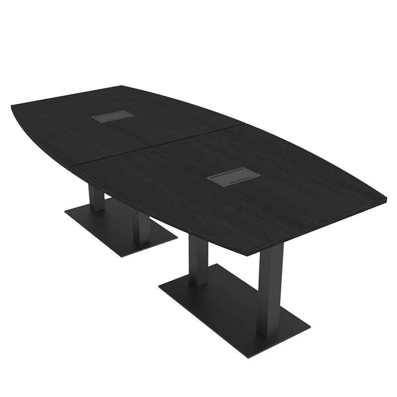 Table de conférence en forme de bateau avec base en métal double | Unité électrique, Cyprès noir, Noir mat, L 96 po x l 48 po