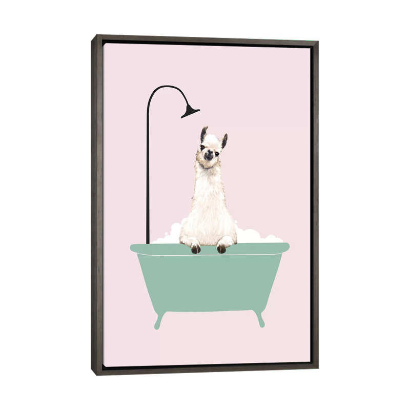 Lama profitant d'un bain moussant, Toile encadrée de bois rustique foncé, H 48 po x l 32 po x P 1,5 po