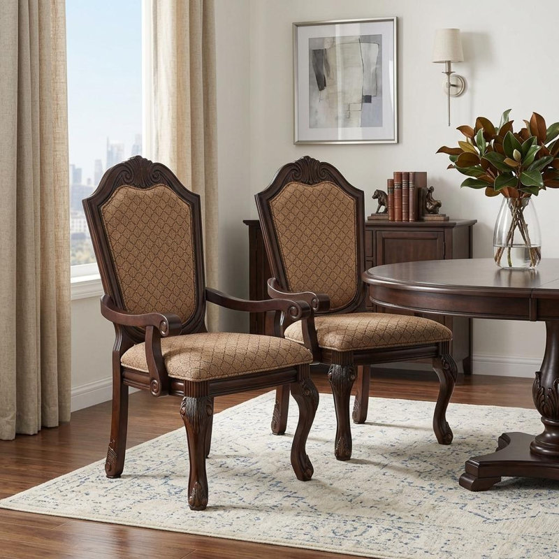 Ensemble de deux fauteuils de salle à manger en tissu brun clair et espresso