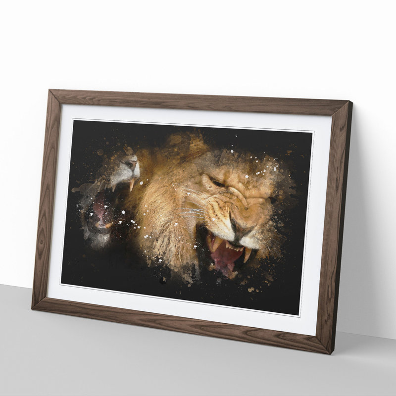 Two Lions - Picture Frame Graphic Art, Walnut, 27cm H x 36cm W x 2cm D