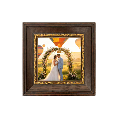 Solid Wood Picture Frame with Vintage Gold Carved Trim, Distressed Brown Rustic Finish, Tabletop & Wall Display, 5 Sizes