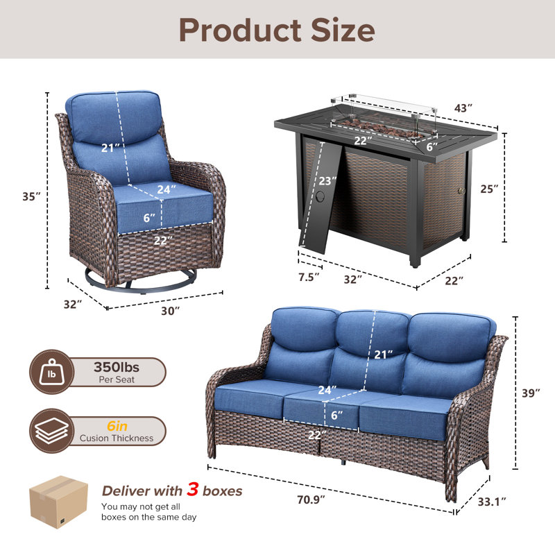 5 - Person Luxury Wicker Patio Furniture Set With Fire Pit Table & 6-Inch Extra-Thick Cushion Swivel Chairs, Blue, Brown