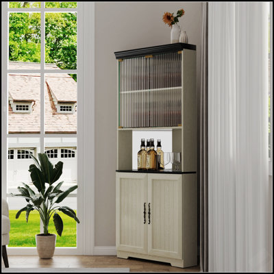 Armoire de rangement autoportante de 70,86 po de hauteur, armoire à vin 5 niveaux avec portes en verre trempé, dossier en miroir, tablettes réglables pour la cuisine du salon, vitrine en bois moderne