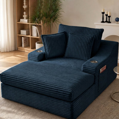 67" Wide Upholstered Chaise Lounge Chair, Indoor Sleeper Sofa Bed with Cup Holders & 3 Soft Pillows