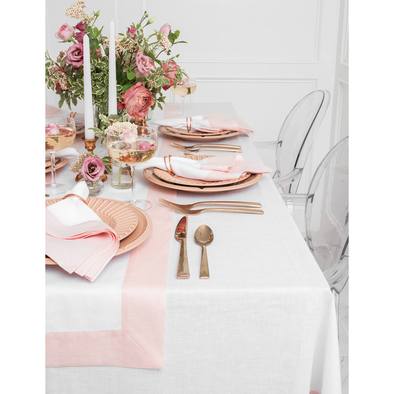 Contempo - 100% Pure Linen Table Runner, Blush Pink/White, 72" x 14"