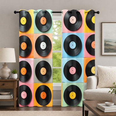 2Pcs Colorful Vinyl Record Curtains, Retro Music Theme Drapes, Vibrant Abstract Printed Art Grommet Panels, Window Treatment for Bedroom Living Room Decor