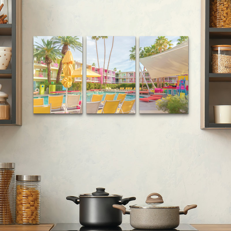 Ensemble de 3 panneaux d'art mural - Tom Windeknecht «Poolside at the Saguaro Hotel - Palm Springs», art mural sur toile pour le salon, la chambre à coucher ou le bureau 