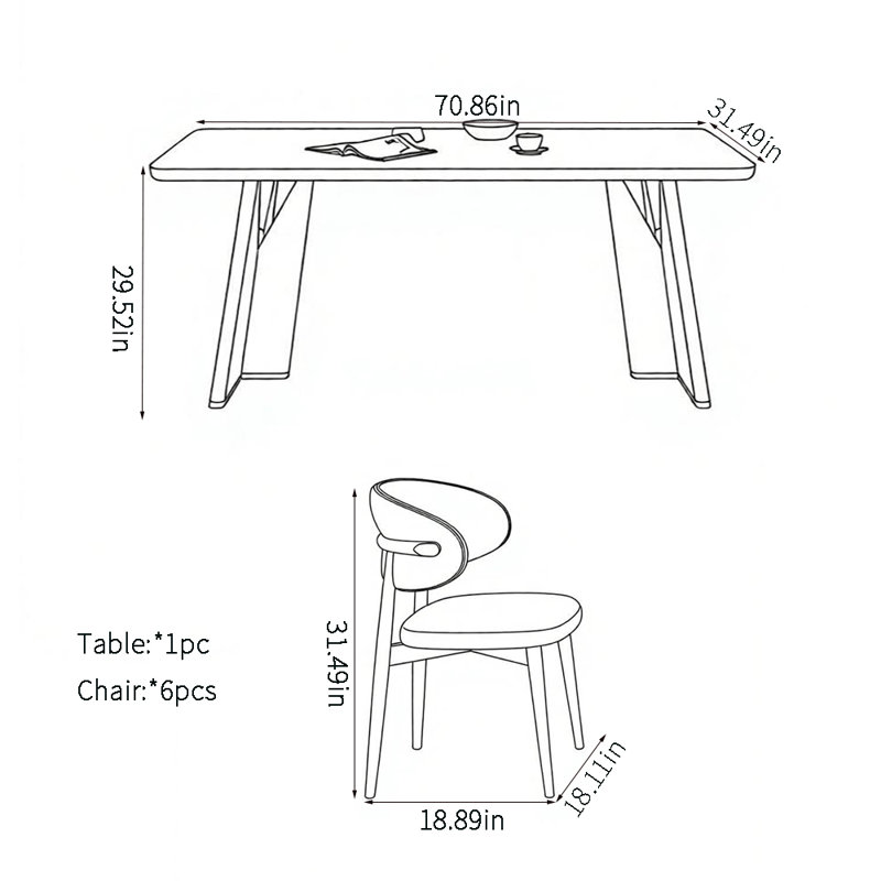 Ensembles de table de salle à manger Minimalist Elegant, 7 pièces : table, 6 chaises, H 29,52 po x l 70,86 po x P 31,49 po