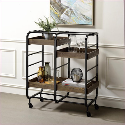 Black & Walnut Brown Industrial Serving Cart with 3 Adjustable Trays | Wood+Metal | Dining Room