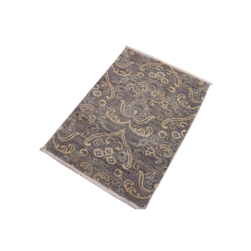 Tapis floral bleu / beige / noir en laine noué à la main 2 pi 2 po x 3 pi Belton