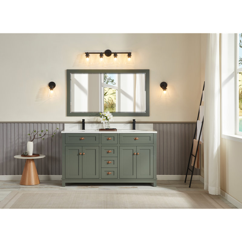 60" Finish Solid Wood Sink Vanity With 1' Artificial Stone Top, Pewter Green, Rose Gold