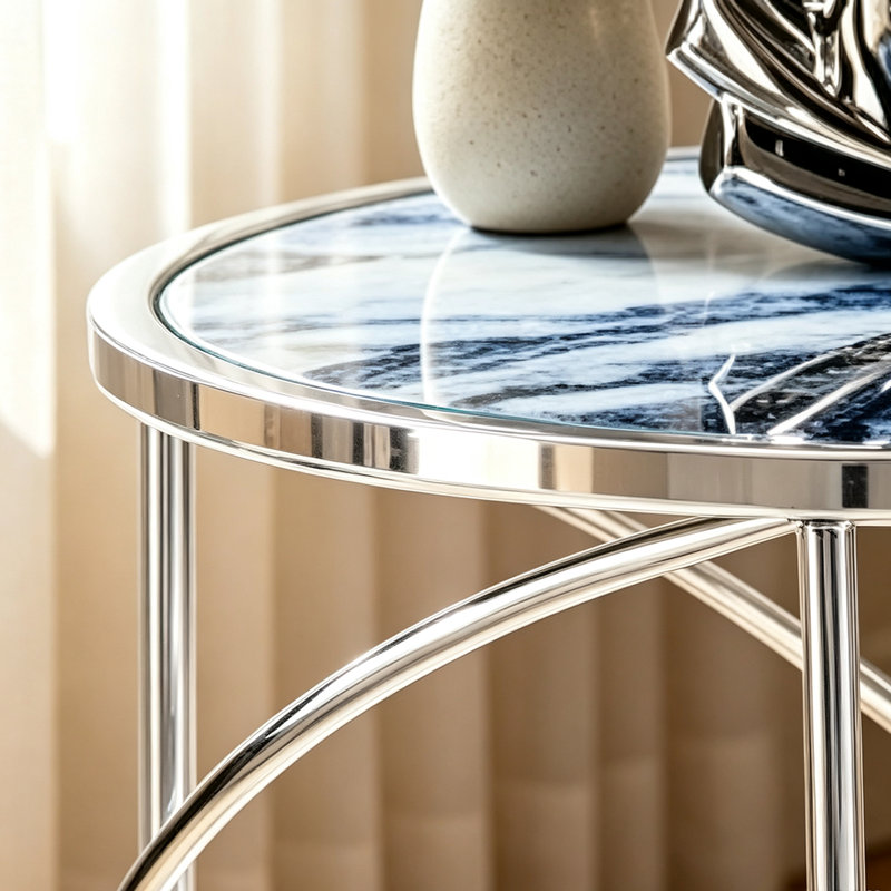Table d'appoint ronde minimaliste moderne avec plateau en verre imprimé marbre bleu