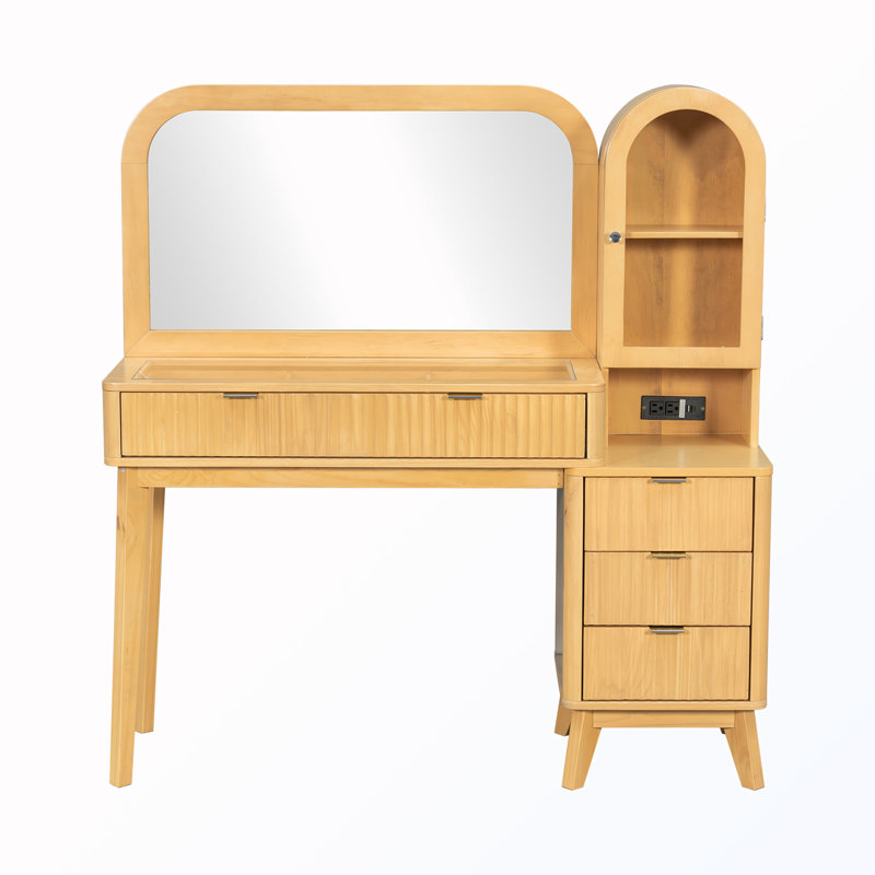 Bureau de coiffeuse en verre avec miroir et 4 tiroirs et armoire de rangement