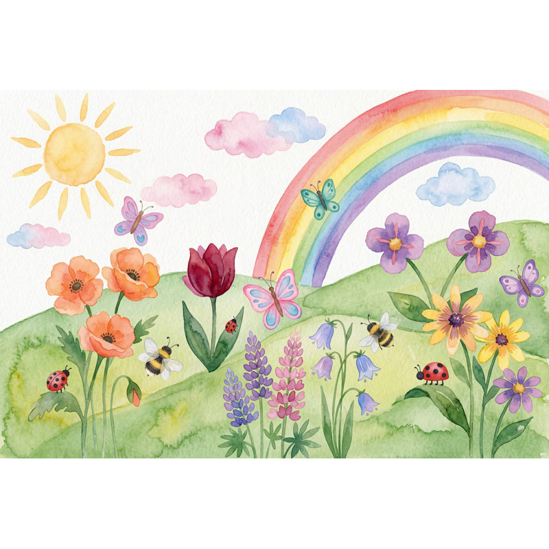 Spring Meadow Wallpaper Watercolor Rainbow Removable Wall Decor, 160"x108", Peel and Stick