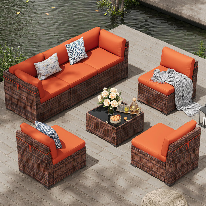 Ensemble de meubles de patio 7 pièces, canapé modulaire en rotin avec dossier incliné, Orange, Brun
