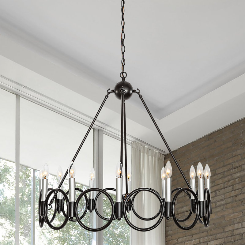 Albata 12-Light Wagon Wheel Candle Style Chandelier, Classic Black/White Antique Silver