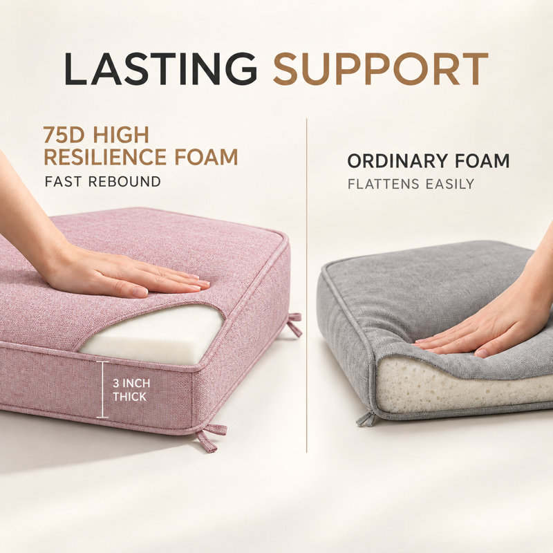 Coussin de banquette sur mesure de 7,6 cm de haut avec double passepoil et 2 attaches pour banquette de salle à manger ou coin repas.