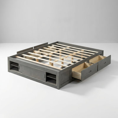 Queen Size Platform Bed Frame with Storage Drawers and Footboard Cubby, Modern Space-Saving Design Without Headboard
