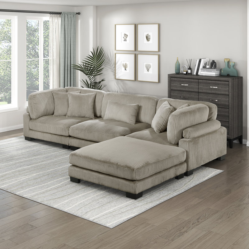 Brinsley 135" Modern Modular Sectional with Corduroy Fabric, Adjustable Backrests & 5 Pillows, Taupe Corduroy