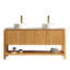 Meuble-lavabo et éviers de salle de bain Sharma 60 po, armoire de rangement autoportante en contreplaqué avec 4 portes en bambou texturé et tablette ouverte, 2 vasques rondes en céramique en céramique blanche et plateau en pierre frittée blanc de Carrare, couleur grain de bois-1641625573