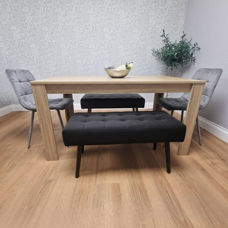 Fairmont Dining Table with 2 Velvet Chairs and 2 Benches, Oak, 75cm H x 117cm L x 77cm W