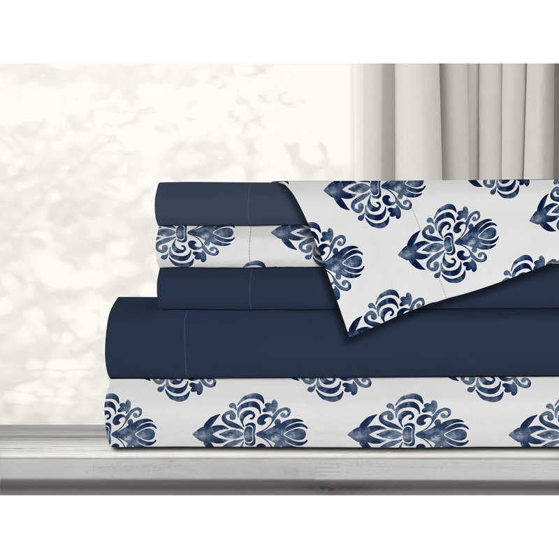 Ensemble de draps en microfibre damassé, Ensemble de draps pour lit simple + 1 drap-housse, Bleu marine