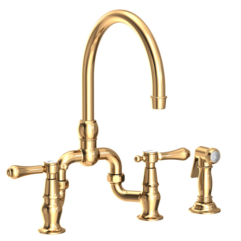 Chesterfield Kitchen Bridge Faucet with Side Spray, Uncoated Polished Brass - Living, Lever Handle