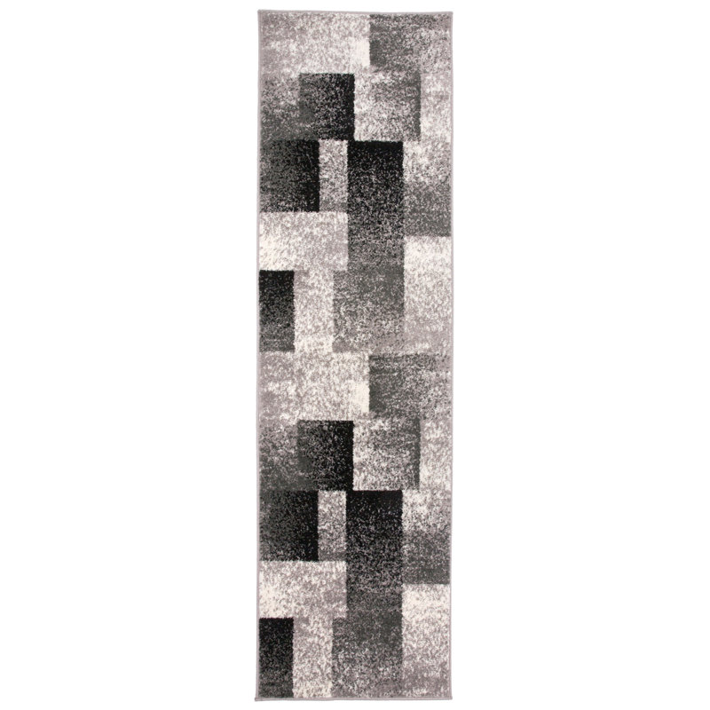 Damarus Geometric Gray/Ivory/Black Area Rug, Runner 2' x 7'