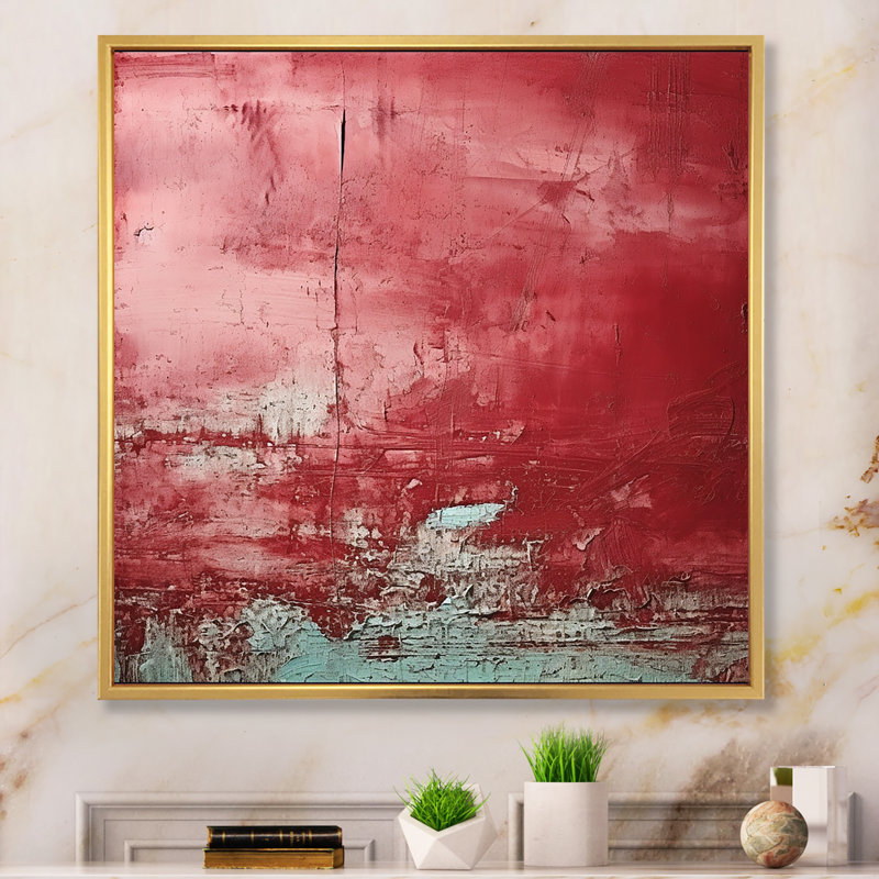 Red Chaos Collage - Abstract Collages, art mural, Cadre flottant doré, H 16 po x l 16 po x P 1 po
