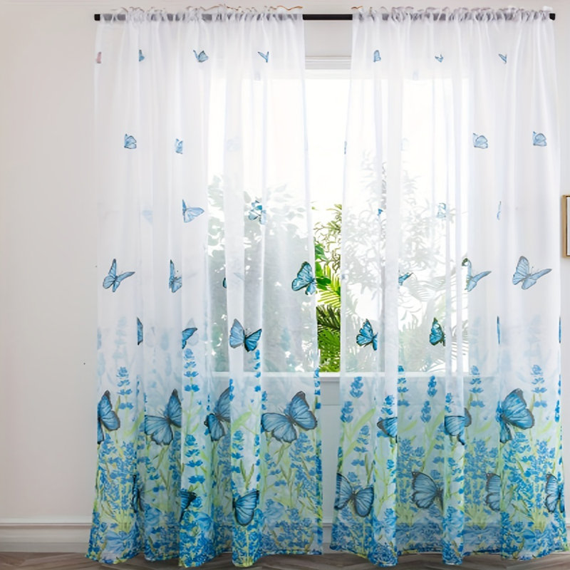 2Pcs Curtain Butterfly Lavender Screen Gauze curtain Bedroom Punching