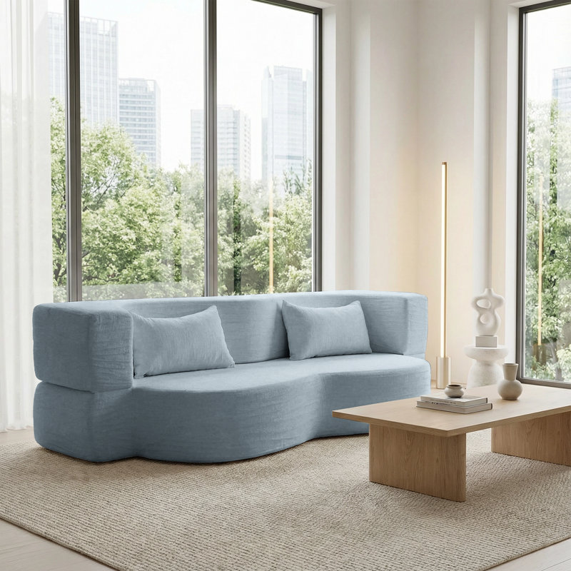 Boneless 78.35" Modern 2-In-1 Convertible Curved Loveseat Sofa Bed, Floor Love Seat Couch, Teddy Fabric Memory Foam Cloud Couch With 2 Pillows No Assembly For Living Room, Apartment, Small Space