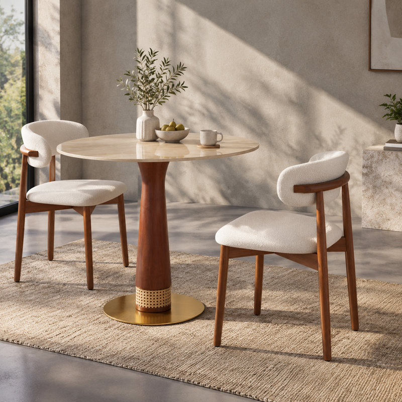 Table ronde en pierre mate de 33,79 pouces avec colonne en noyer et base dorée pour petits espaces