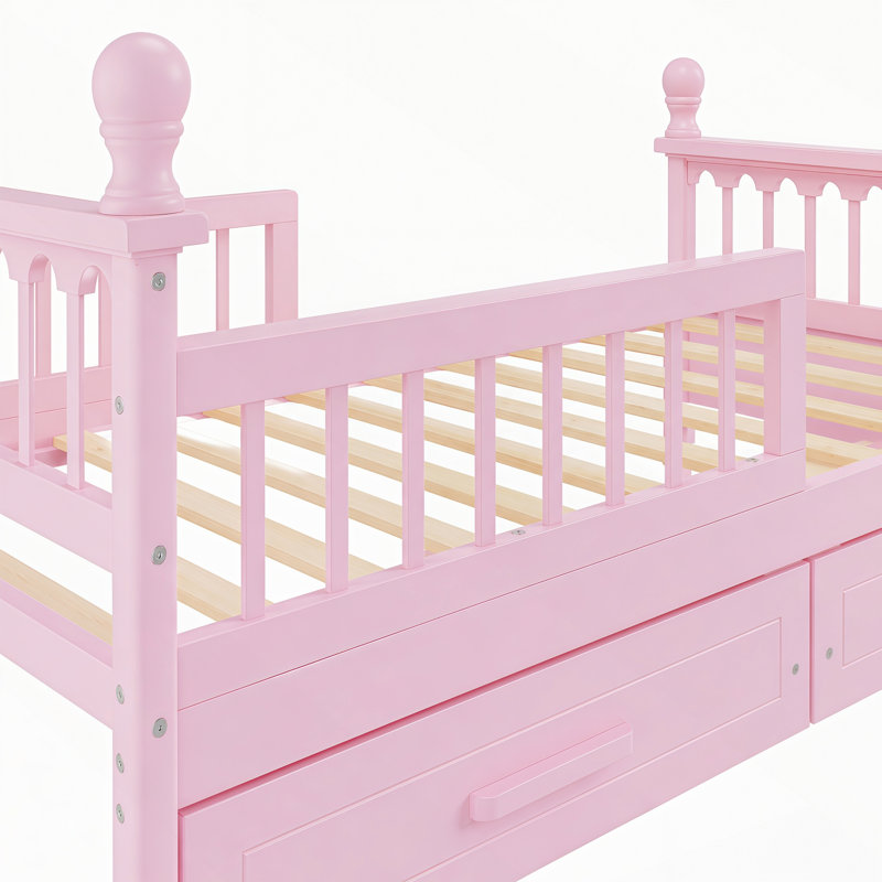 Lit plateforme avec 2 tiroirs de rangement sous le lit et des barrières de sécurité, Double, Rose