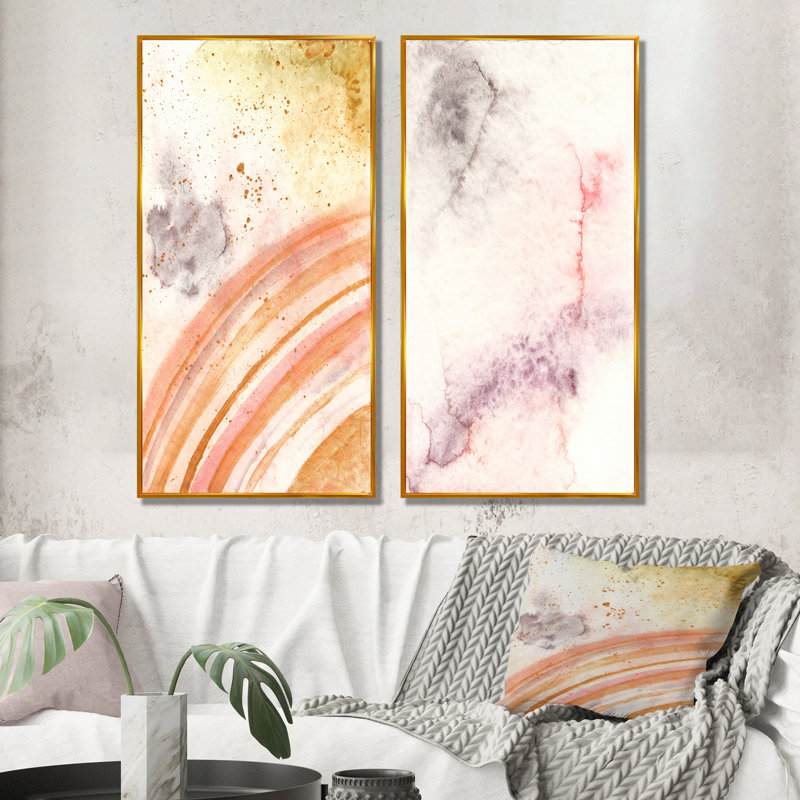 Pastel Green Orange Marble Art Ripples - Ensemble de 2 peintures sur toiles, H 40 po x l 40 po x P 1 po, Cadre flottant doré