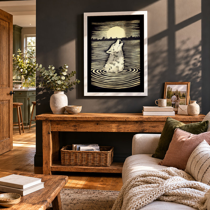 Howling Wolf In Moonlight Japandi - Print, A4 - 29.7 x 21.0 cm, White