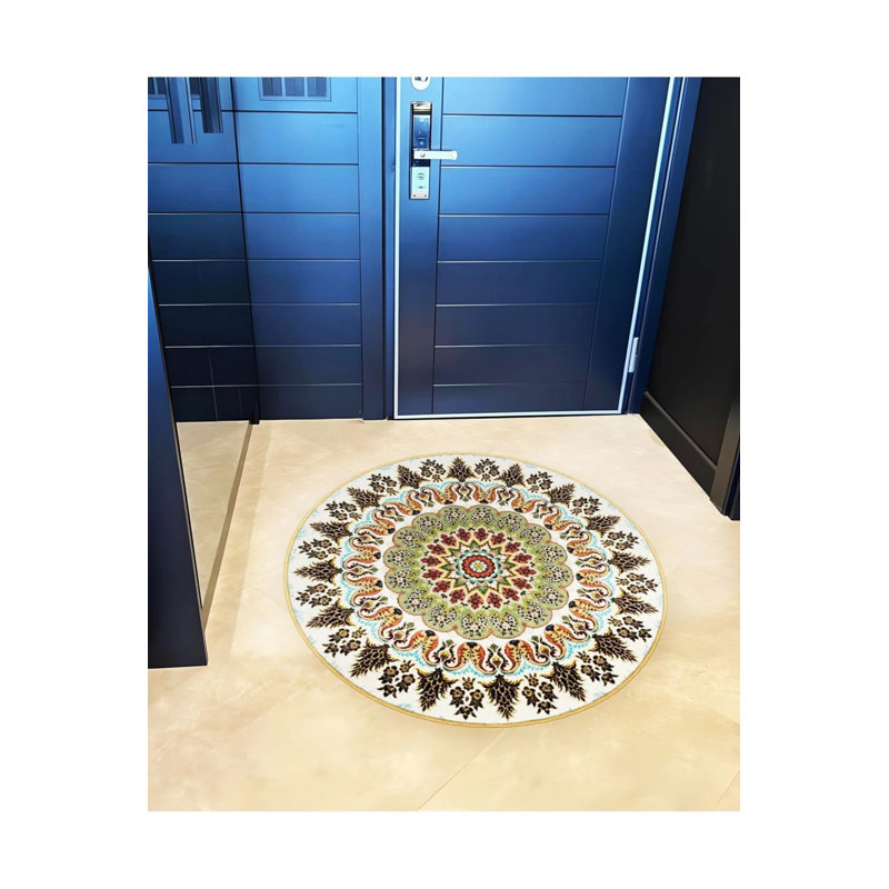 Multicolored Antique Pattern Detailed Woven Base Modern Decorative Carpet, Round 5'