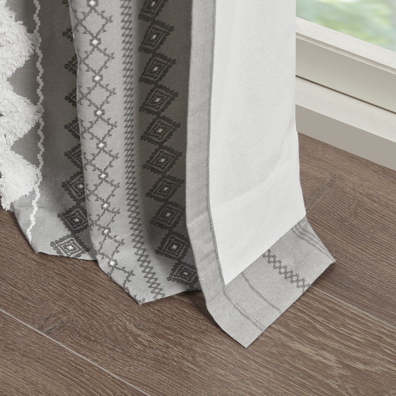 Imani 100% Cotton Printed Boho Single Curtain Panel with Tufted Chenille Stripe and Lining, Gray, 50" W x 84" L