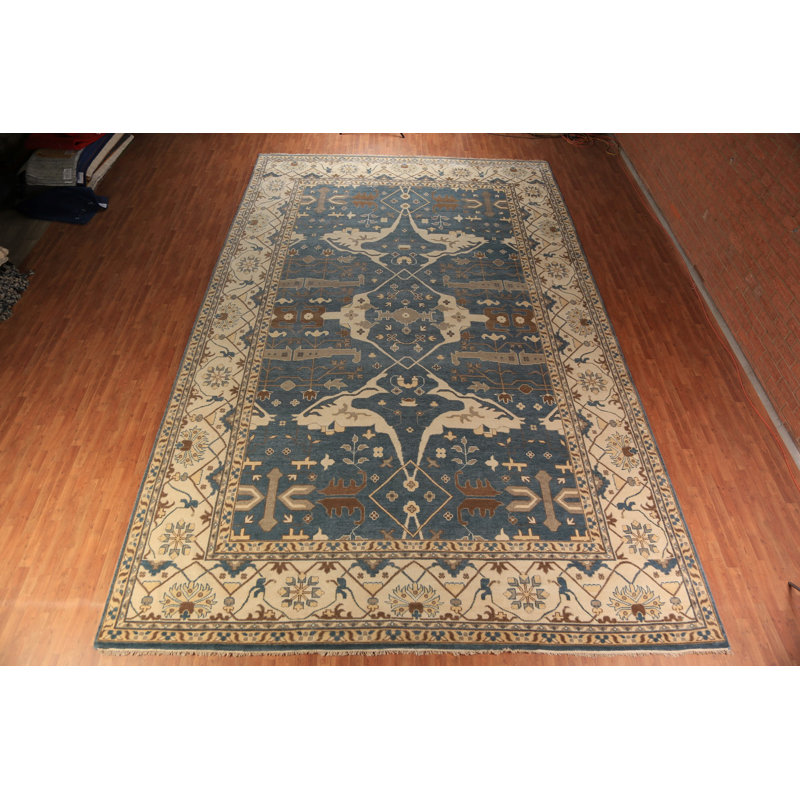 Grand tapis indien bleu et ivoire All-Over Oushak 13 x 21